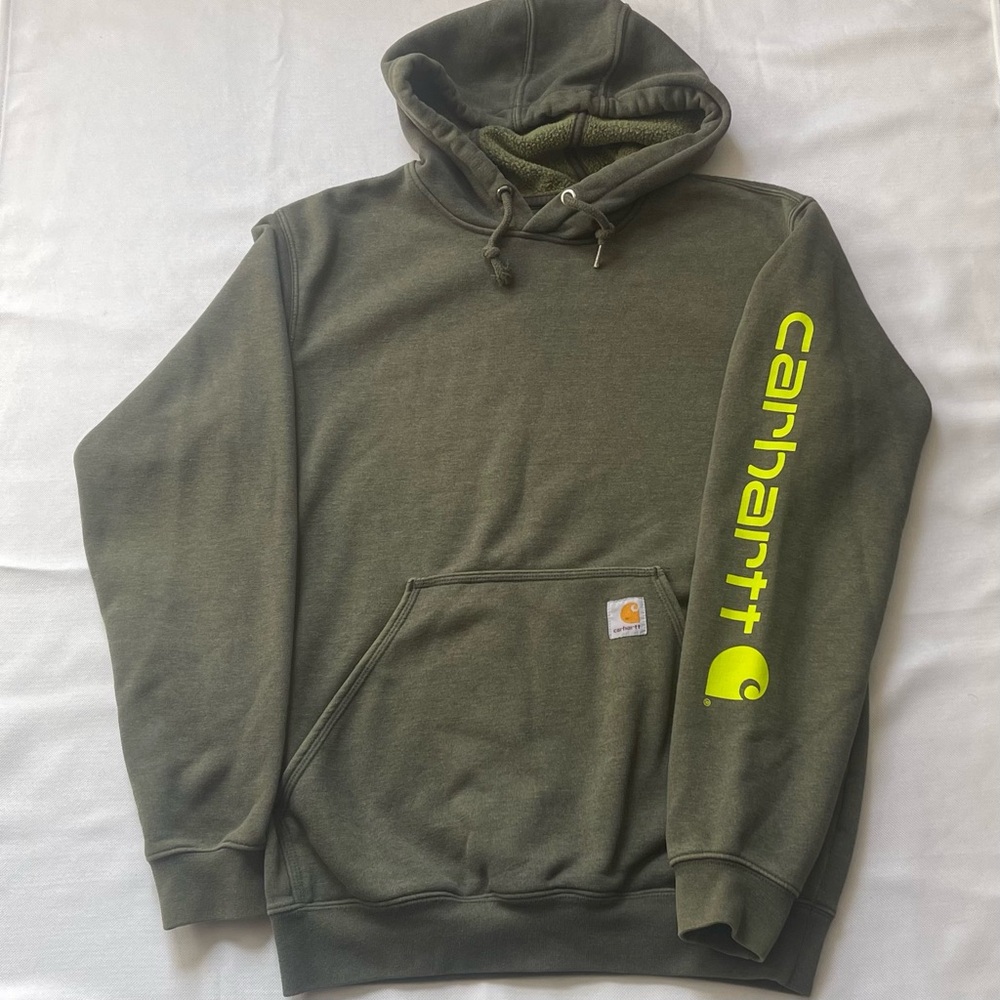 Carhartt Original Fit Green Hoodie Neon Yellow Sleeve Logo Men S